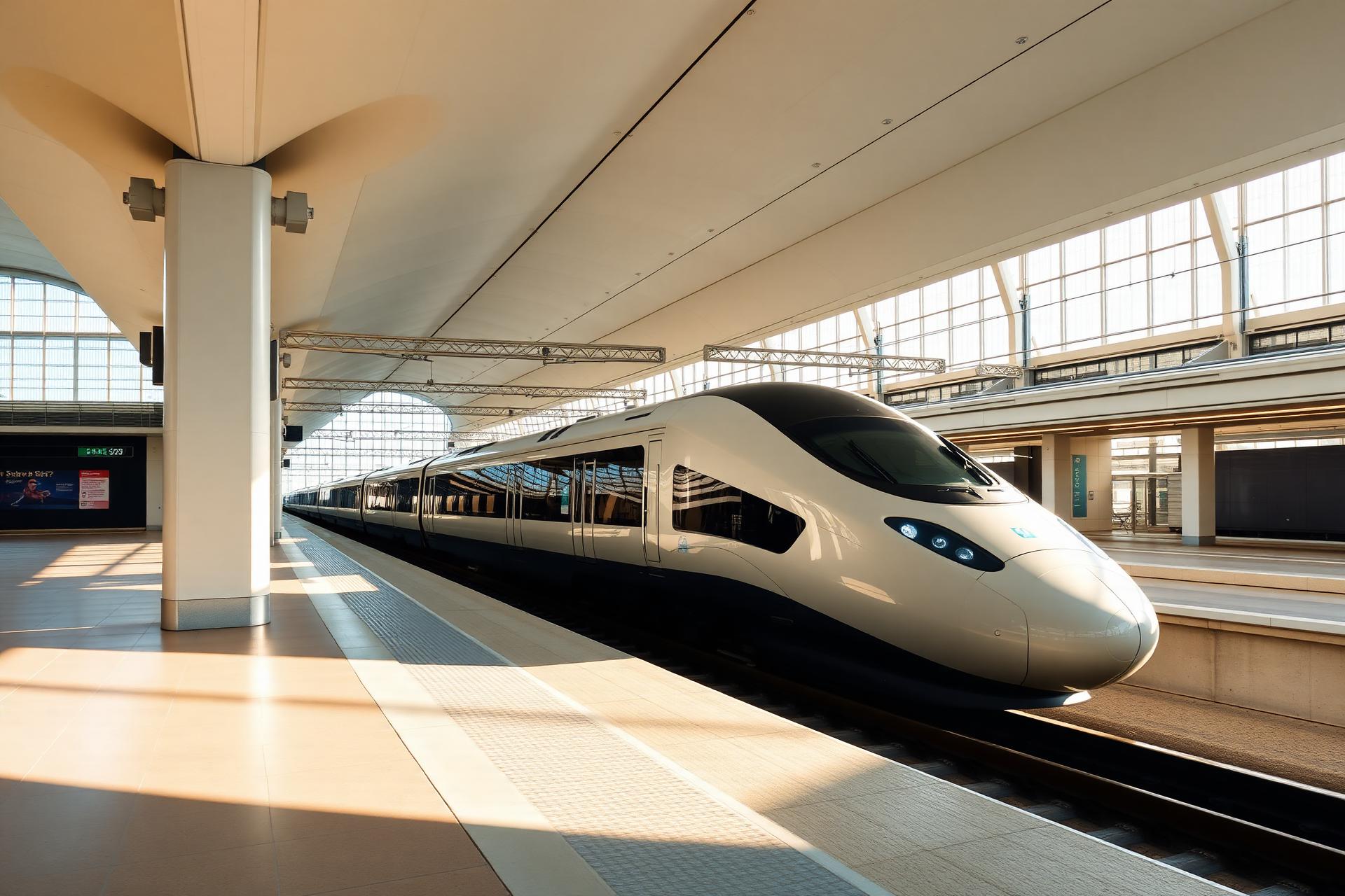 Sleek high-speed train arriving at a bright modern station